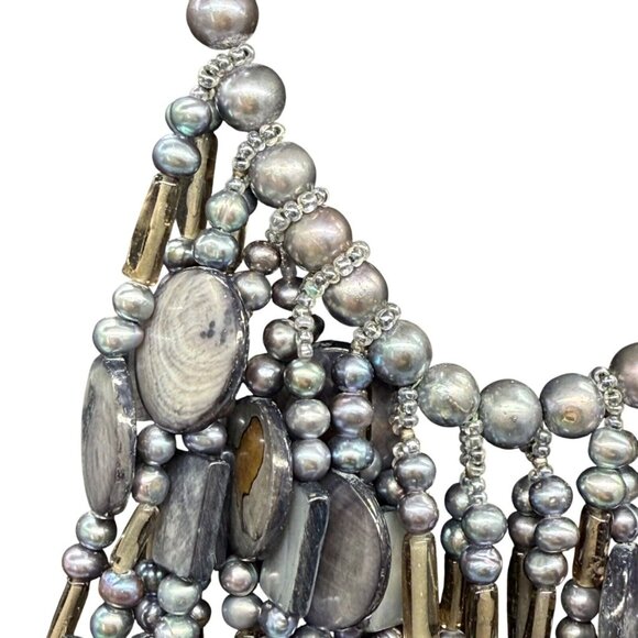 Amphai Handmade Layered Gray Shell MOP Pearls Smoky Quartz Sterling Necklace - Picture 3 of 9